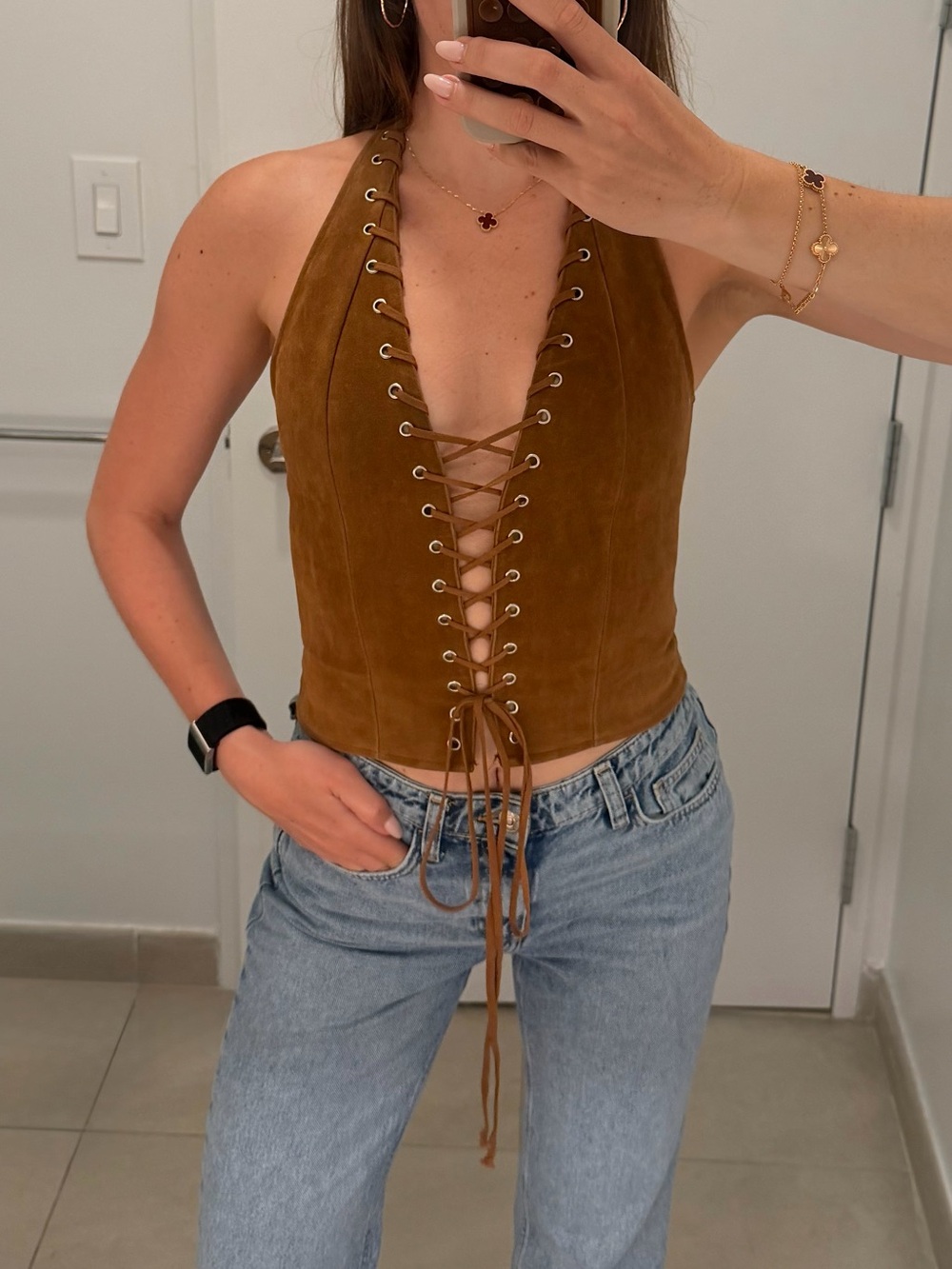 Brown Suede Lace-Up Halter Top